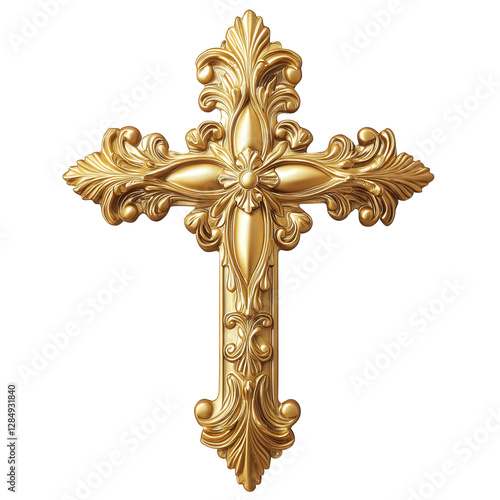A decorative golden Christian cross with delicate carved flourishes, centered on the canvas, transparent background, PNG