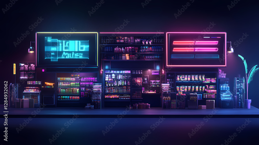 Cyberpunk marketplace with holographic displays, neon lights, dark tones, digital art. cyberpunk marketplace. illustration. Holographic Street Market. Illustration Cyberpunk marketplace with holographic displays, neon lights, dark tones, digital art. cyberpunk marketplace. illustration. Holographic Street Market. Illustration
