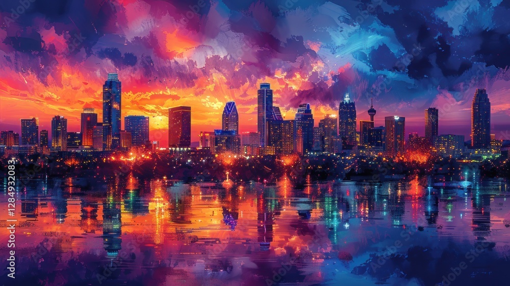 Fototapeta premium Vibrant City Skyline Sunset Reflection Art Print