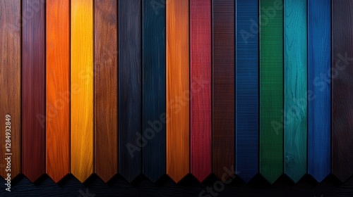 Colorful wood samples, arranged vertically, dark background, design resource