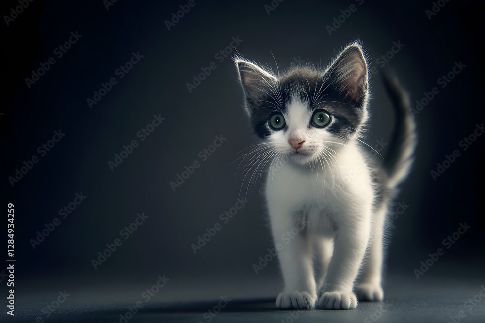 A beautiful, fluffy white and black kitten with a bushy tail walks towards the camera A beautiful, fluffy white and black kitten with a bushy tail walks towards the camera