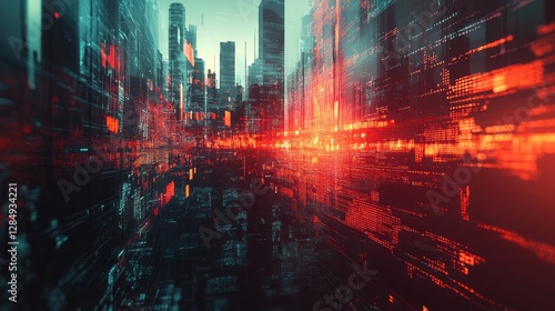 Wallpaper Mural Digital cityscape glows with red and teal abstract data streams Torontodigital.ca