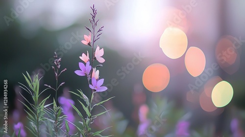 Serene Sunset  Delicate Purple   Pink Flowers in Soft Bokeh Light