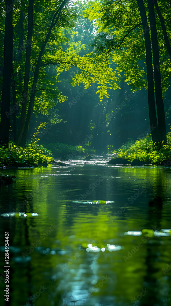 Pristine Forest River Scene With Vivid Green Trees Pristine Forest River Scene With Vivid Green Trees