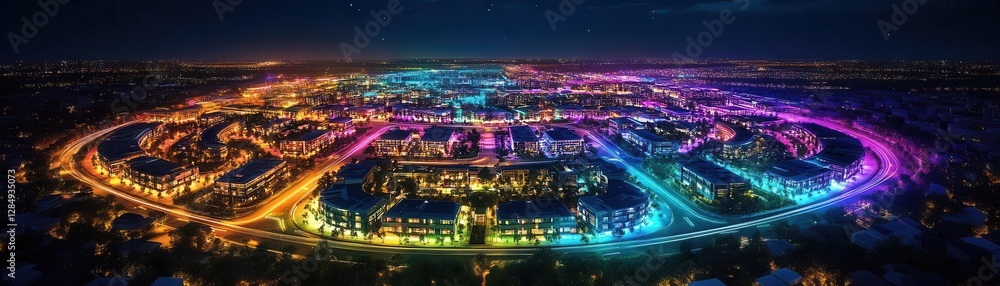 custom made wallpaper toronto digitalAerial night view of a city s real estate zones glowing in different colors, futuristic urban plannin