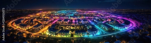 Wallpaper Mural Aerial night view of a city s real estate zones glowing in different colors, futuristic urban plannin Torontodigital.ca