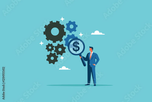 Financial Insight, Businessman Examining Dollar Revenue Generated from Gear-Driven Production