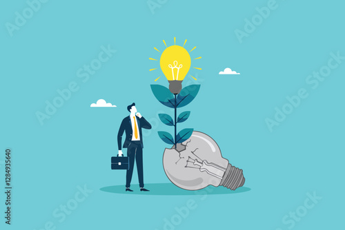 Reviving Innovation, Cheerful Businessman Witnessing a Bright Idea Grow from a Broken Seedling