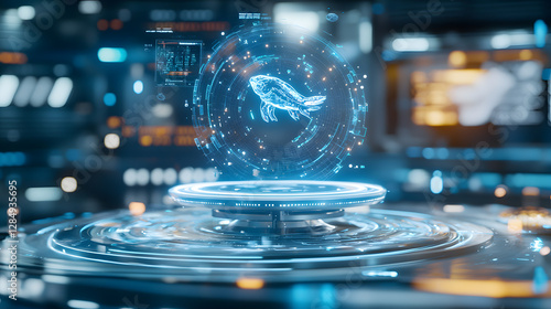 Interactive digital representation of a fish in futuristic environment virtual space 3d holographic technology concept