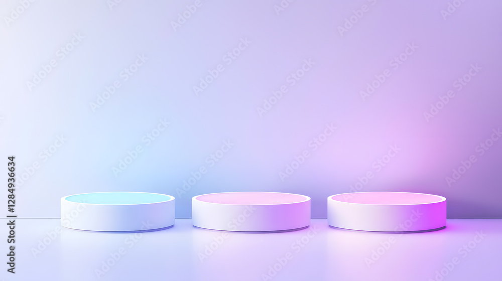 Showcase event with colorful lighting modern studio 3d display platforms minimalist setup artistic perspective Showcase event with colorful lighting modern studio 3d display platforms minimalist setup artistic perspective