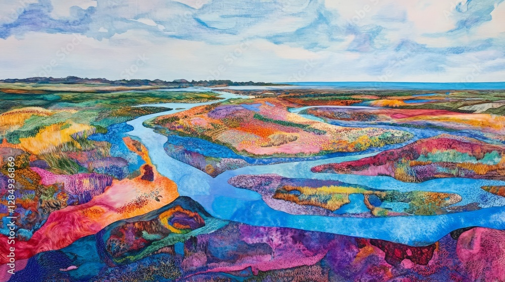 A colorful estuary scene with rivers meeting the sea, surrounded by salt marshes and vibrant birdlife, A colorful estuary scene with rivers meeting the sea, surrounded by salt marshes and vibrant birdlife,