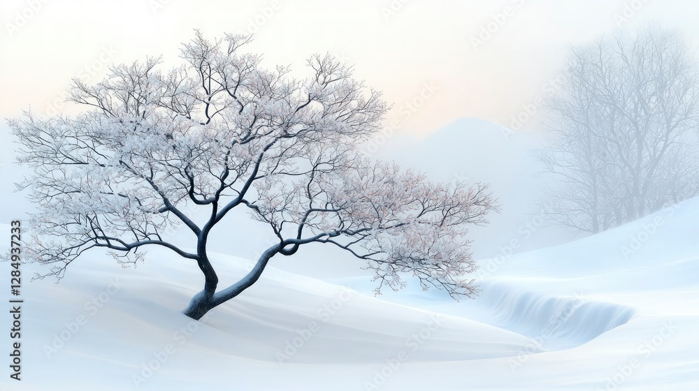 Serene Winter Landscape Snow Covered Tree Frosty Branches Snowy Hills Serene Winter Landscape Snow Covered Tree Frosty Branches Snowy Hills