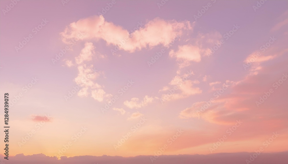 Fototapeta premium 파스텔 톤의 하늘, 구름이 자연스럽게 하트 모양을 이루고 있으며 따뜻한 석양이 이를 부드럽게 물들이고 있다