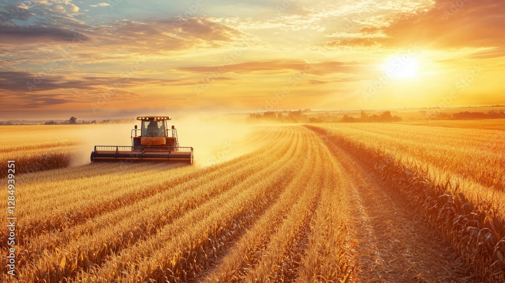 Fototapeta premium Agricultural Harvester Working in Field at Sunset Golden Hour