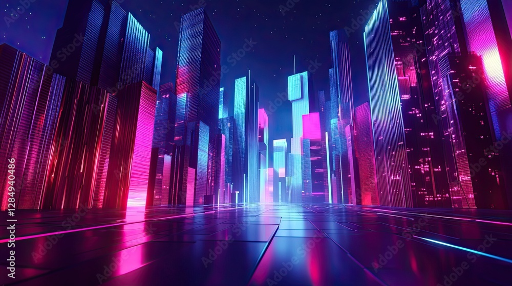 Abstract low-poly cityscape with neon light accents, creating a futuristic atmosphere. Abstract low-poly cityscape with neon light accents, creating a futuristic atmosphere.