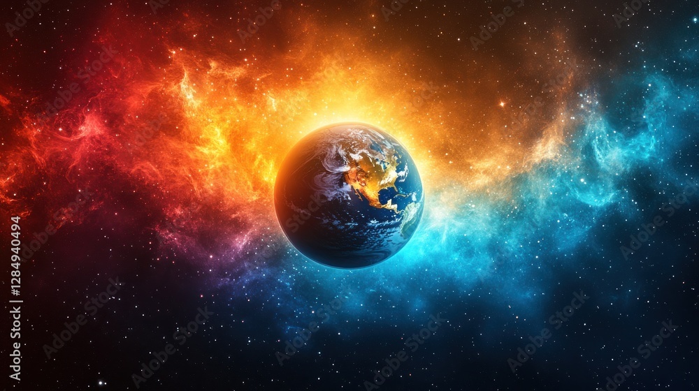Obraz premium Earth in fiery cosmic nebula