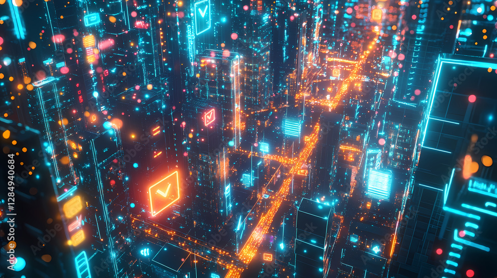 Bird's-eye view of a glowing cityscape connected by digital blockchain pathways. Holographic Street Market. Illustration Bird's-eye view of a glowing cityscape connected by digital blockchain pathways. Holographic Street Market. Illustration