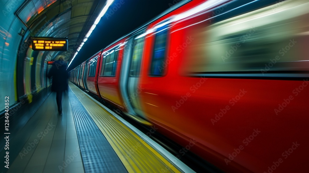 Motion blur of a red train speeding through a subway station, passenger waits. Motion blur of a red train speeding through a subway station, passenger waits.