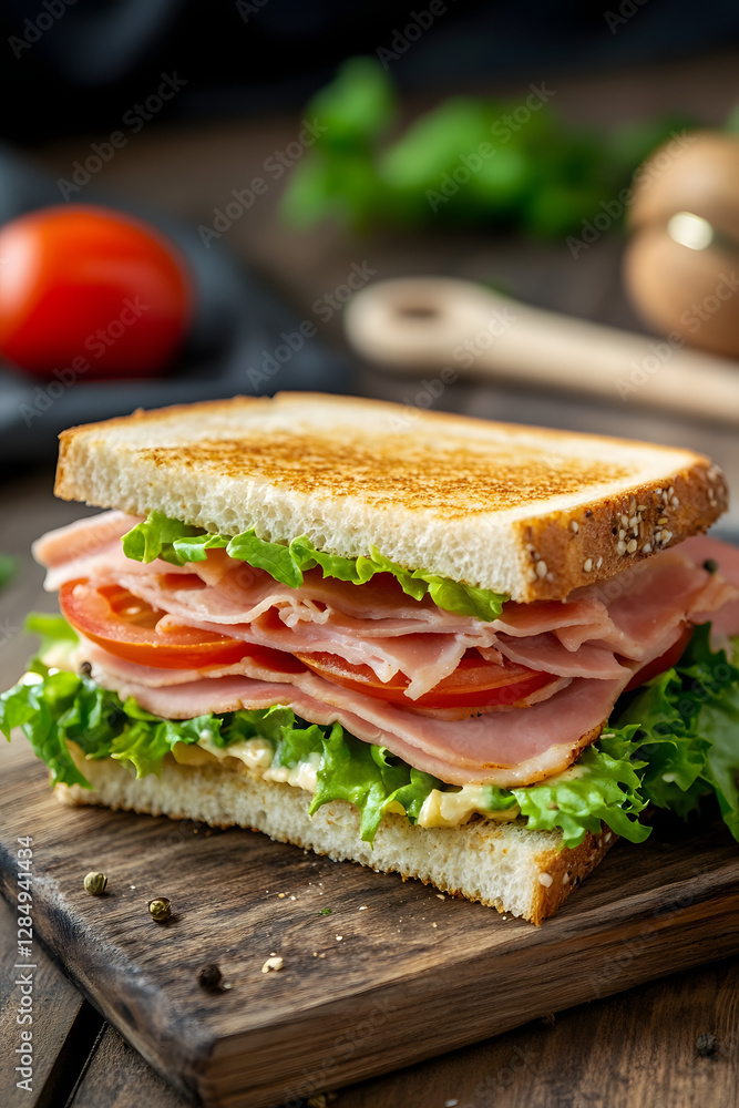 Delicious sandwich with ham, lettuce, and tomato on a wooden table, close-up Delicious sandwich with ham, lettuce, and tomato on a wooden table, close-up