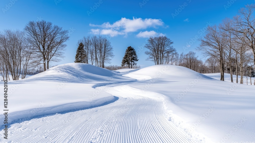 Obraz premium Snowy landscape, cross-country ski trail, winter day, trees