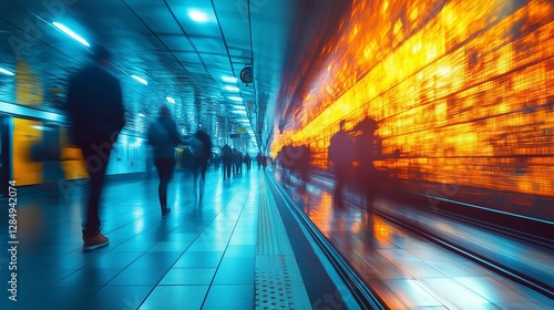 Blurred motion in a subway station, people are moving quickly through the area.