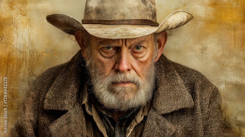 Fototapeta premium Weathered Cowboy with Intense Gaze in Rustic Outdoor Setting