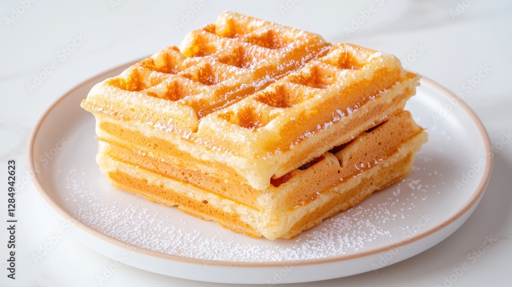 Stacked waffles dusted with powdered sugar on a plate Stacked waffles dusted with powdered sugar on a plate