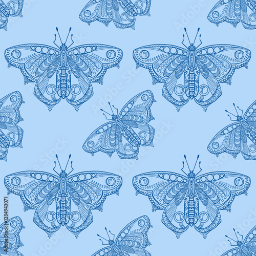 Vector drawing in blue pattern. Intricate  with lace elements. Seamless lace pattern with butterflies. Romantic pattern, imitation lace. Gothic embroidery. Luxurious baroque.