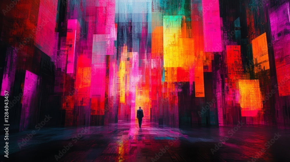 Man walks through abstract colorful city with vibrant lights Man walks through abstract colorful city with vibrant lights