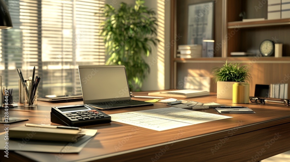 A tidy accountant's desk with organized records, a calculator, and a laptop, surrounded by a clean and modern office environment, A tidy accountant's desk with organized records, a calculator, and a laptop, surrounded by a clean and modern office environment,