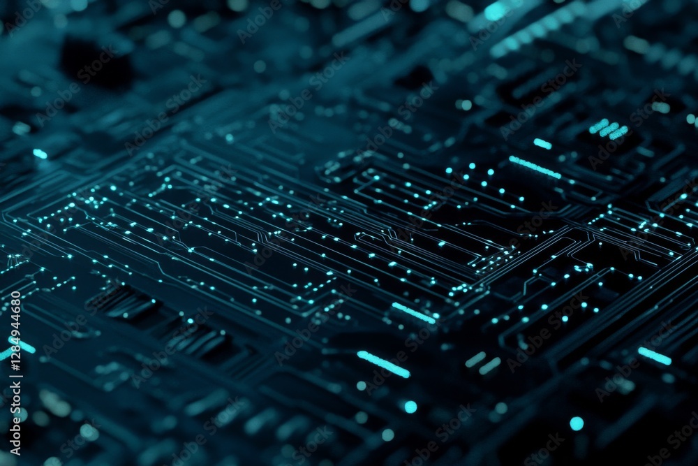 A detailed view of a circuit board highlights the complex network of electronic pathways, illuminated by blue lights against a dark background, emphasizing technology. Generative AI A detailed view of a circuit board highlights the complex network of electronic pathways, illuminated by blue lights against a dark background, emphasizing technology. Generative AI