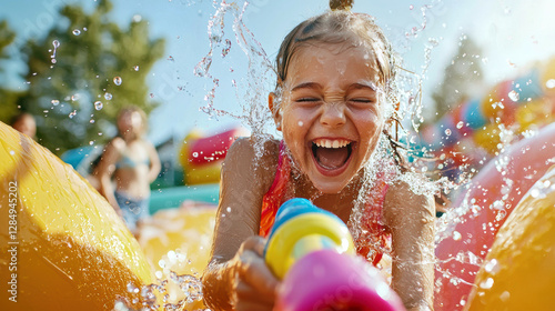 Fototapeta Naklejka Na Ścianę i Meble -  cheerful young girl is playing with water blaster, splashing joyfully in colorful water park