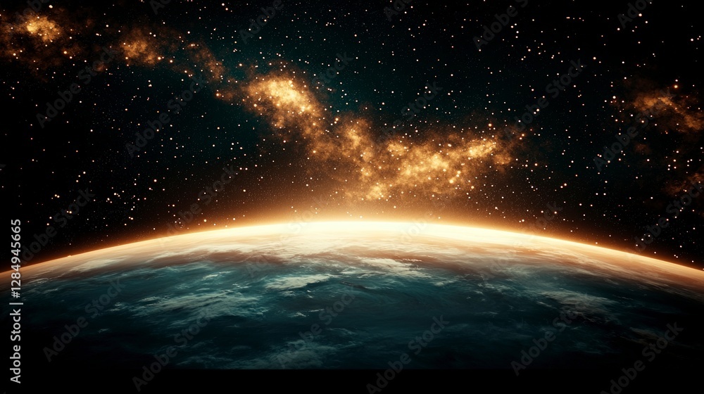 Fototapeta premium Earthrise Panorama Celestial Sunrise Golden Rays Planet Earth Space Background