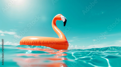 Vibrant orange inflatable flamingo float in crystal clear water, perfect for summer fun and relaxation