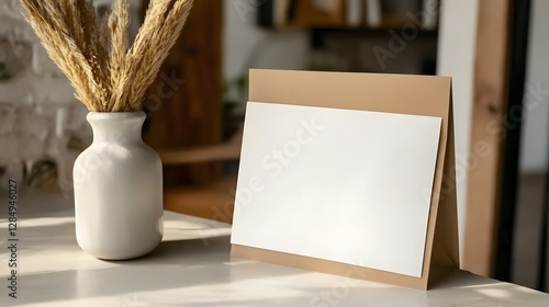 Empty Photo Frame on Minimalist Desk with Vase