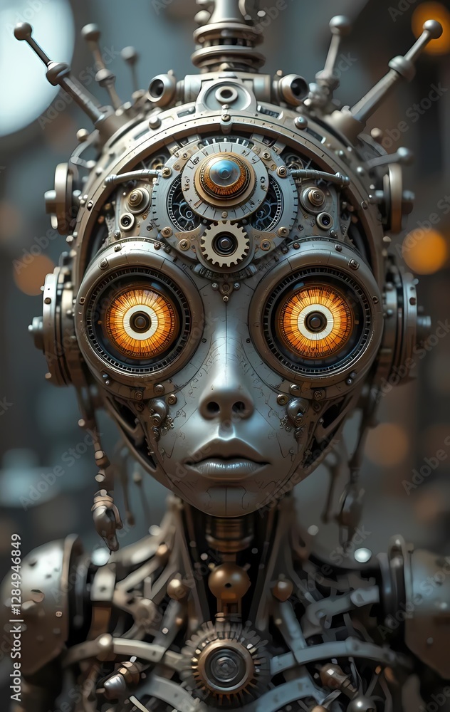 Fototapeta premium Intricate Steampunk Robot: Glowing Eyes of AI
