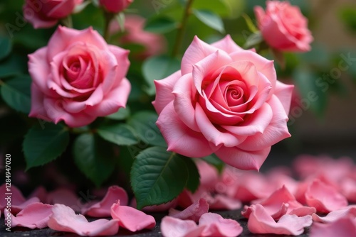 Pink rose petals scattered around a large rose bush in bloom, blossom, garden