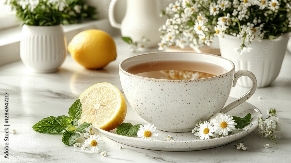 Herbal tea, lemon, chamomile, windowsill, relaxing morning Herbal tea, lemon, chamomile, windowsill, relaxing morning