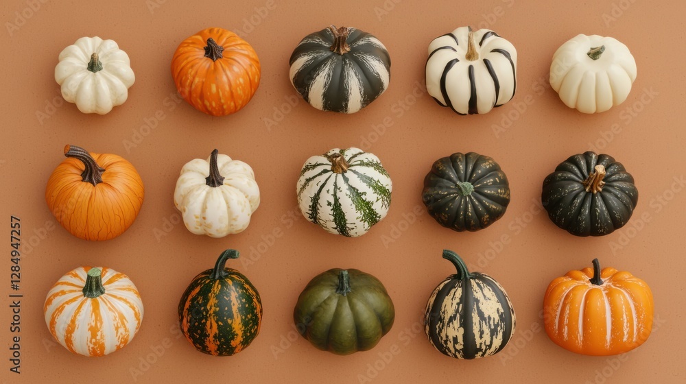 Various Colorful Pumpkins Displayed on Brown Background Surface Various Colorful Pumpkins Displayed on Brown Background Surface
