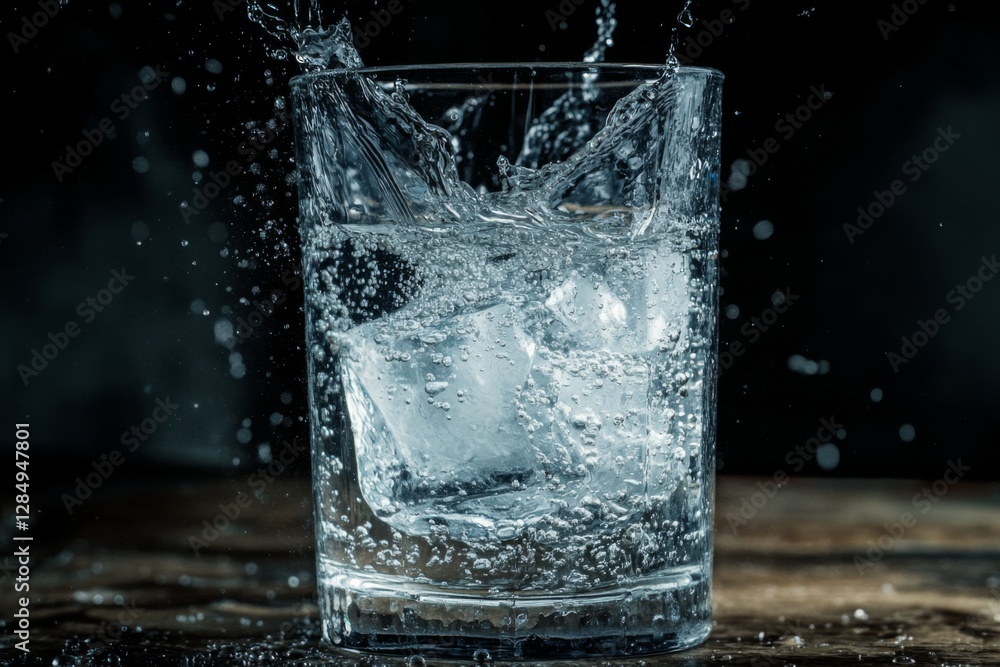 Water splashes dramatically from a glass overflowing with ice cubes, highlighting the beauty of fluid motion in a dimly lit environment. Generative AI Water splashes dramatically from a glass overflowing with ice cubes, highlighting the beauty of fluid motion in a dimly lit environment. Generative AI
