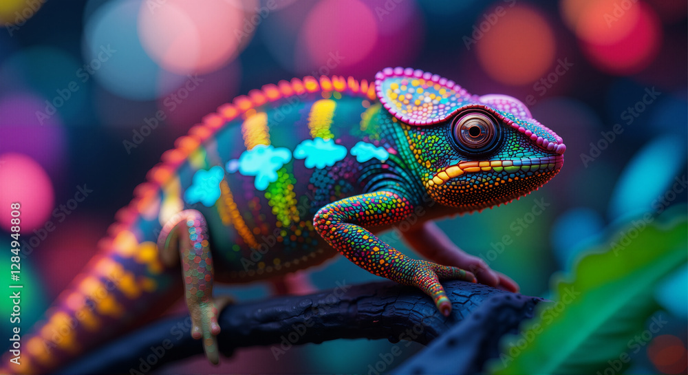 A colorful chameleon with glowing patterns, blending into a vibrant, abstract background A colorful chameleon with glowing patterns, blending into a vibrant, abstract background