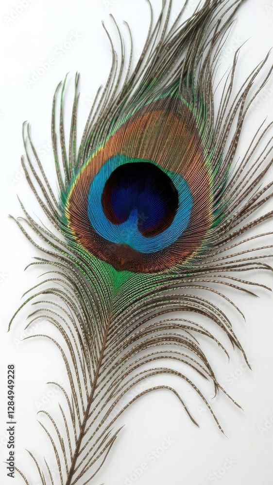 Fototapeta premium Vibrant peacock feather with intricate details and iridescent colors on a white background, beautiful, decoration, iridescent