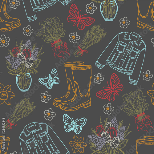 Seamless gardening template with bouquet and flowers, rubber boots and jacket, tulips and crocuses. Seamless gardening tools template on light colored background. Doodle pattern.