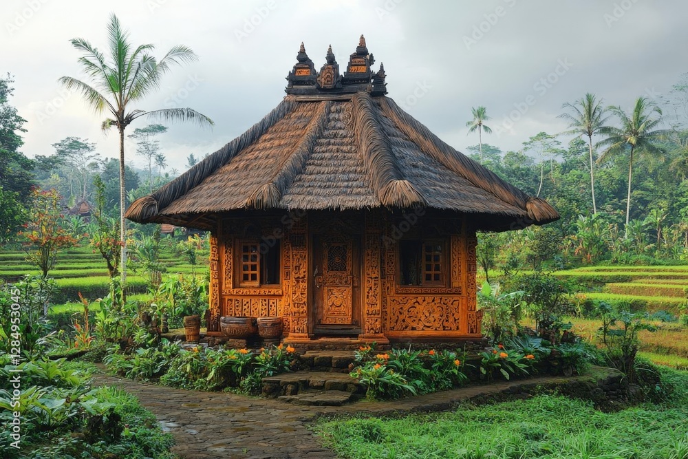Traditional Balinese Hut In Rice Paddy Fields Traditional Balinese Hut In Rice Paddy Fields