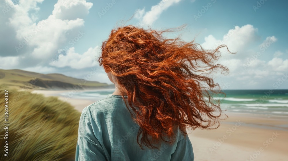 Obraz premium Young Woman with Flowing Red Hair on Scenic Beach Pathway