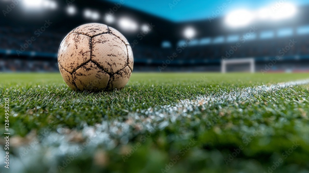 Fototapeta premium Soccer Ball on Grass Stadium Lights Night Game Sports Photography