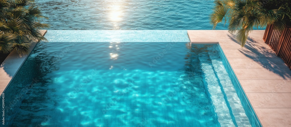 Fototapeta premium Serene pool and ocean view, perfect for relaxation and tropical tranquility.