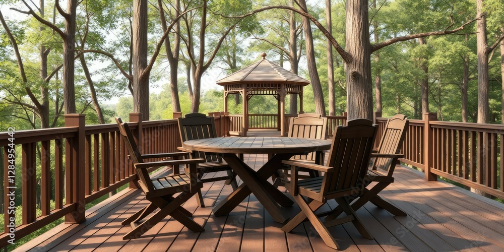 Wooden table and chairs on a deck surrounded by trees with a subtle gazebo in the background, peaceful retreat, tree surroundings, outdoor furniture Wooden table and chairs on a deck surrounded by trees with a subtle gazebo in the background, peaceful retreat, tree surroundings, outdoor furniture
