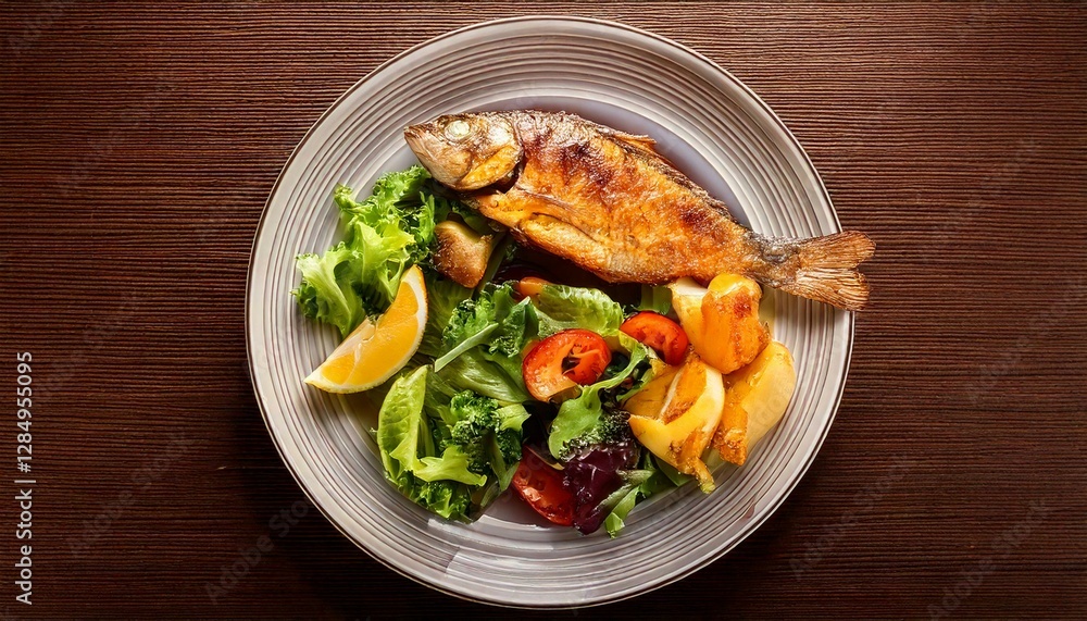 Fried fish on a plate accompanied by spices, salad, rosemary, on a plain white background Fried fish on a plate accompanied by spices, salad, rosemary, on a plain white background