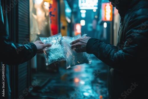 Drug deal in neon alley a drug dealer exchanging small plastic bags in a dark urban environment captured from a close-up viewpoint